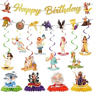 Greek Mythology Gods Party Decorations - 14 Pcs Ancient Greek Decor Happy Birthday Banner Hanging Swirls Honeycomb Centerpieces for Ancient Goddess Theme Birthday Party Decor Supplies