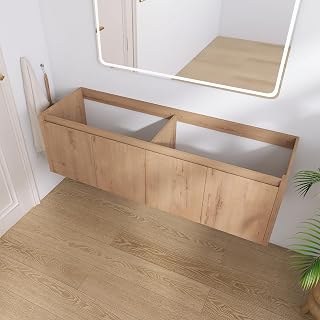 60" Floating Bathroom Vanity,60 Inch Bathroom Vanity Without Top Sink | Modern Floating Wood Vanity Base Cabinet,Brown Wall Mounted Cabinet with 4 Soft Close Doors,Plywood,Sink Basin Not Included