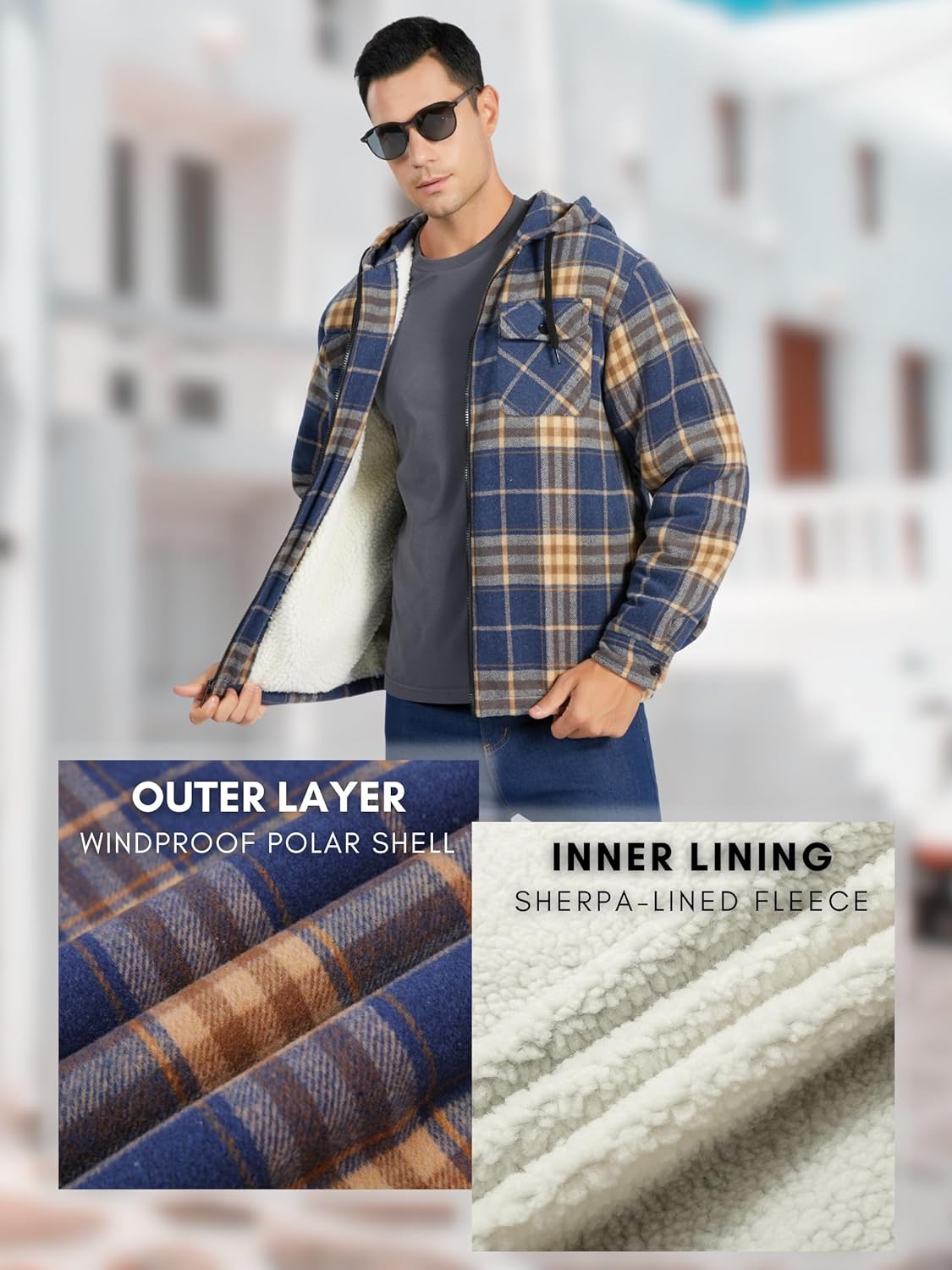 Mens Flannel Hoodie Jacket Fleece Lined Flannel Shirt Plaid Zip Up Sherpa Hooded Sweatshirt Warm Winter Coat - Image 5