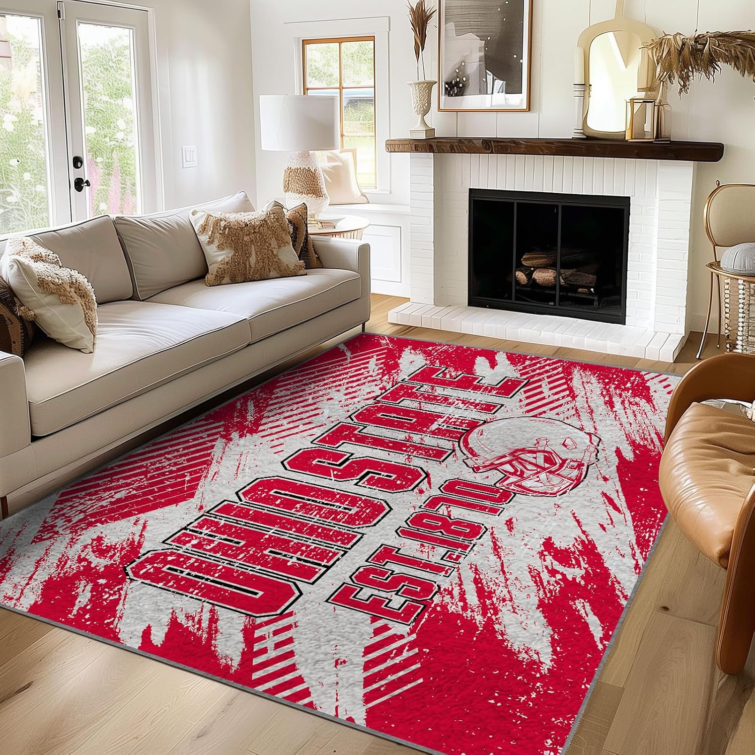 Ohio State Rugs Bedroom Living Room Football Carpet Non-Slip Machine Washable Area Rug for Boys and Man Cave Decor 5' x 7'