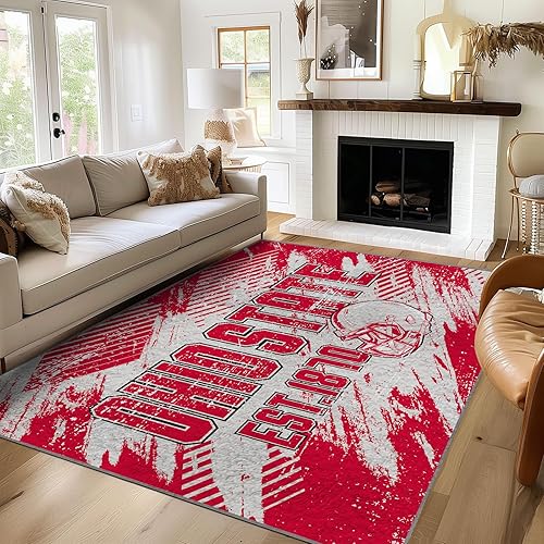Ohio State Rugs Bedroom Living Room Football Carpet Non-Slip Machine Washable Area Rug for Boys and Man Cave Decor 5' x 7'