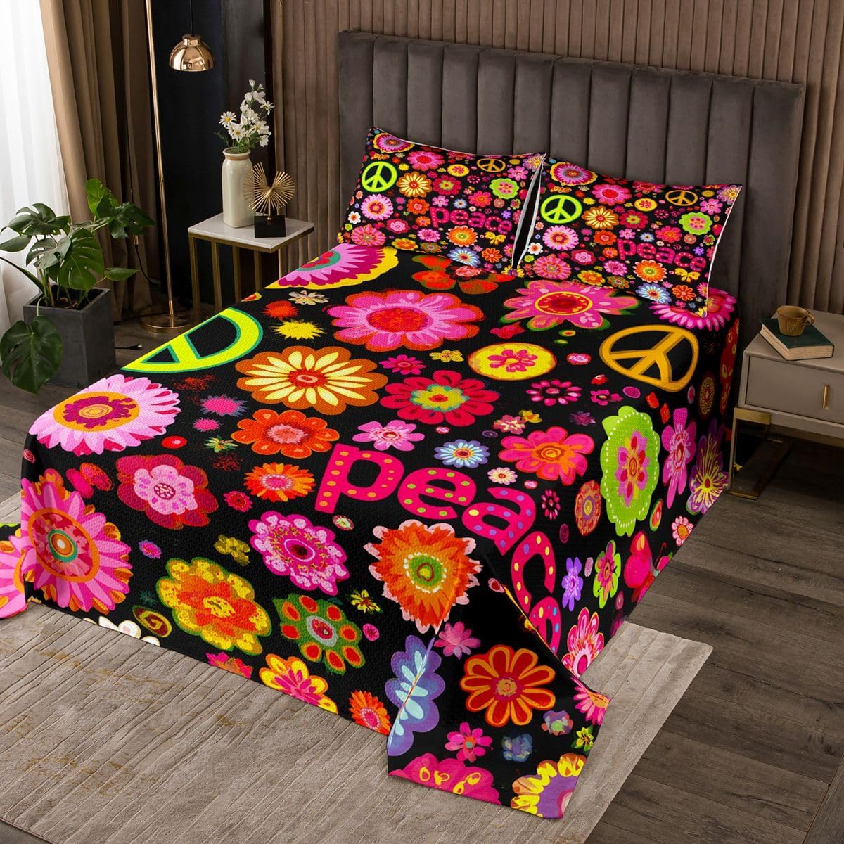 Hippy Girl Flower Quilted Retro 60s 70s Groovy Flower Paisley Peace Sign Coverlet Set,Vintage Rainbow Starflower Bedspread Adults Women 60s Flower Power Quilt Set Queen,Hippie Rustic Home Decor