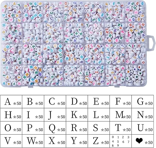 Miniatura 2 de Kit de 1400 cuentas de letras, cuentas redondas acrílicas del alfabeto, cuentas de números de corazón para joyería y fabricación de pulseras, en