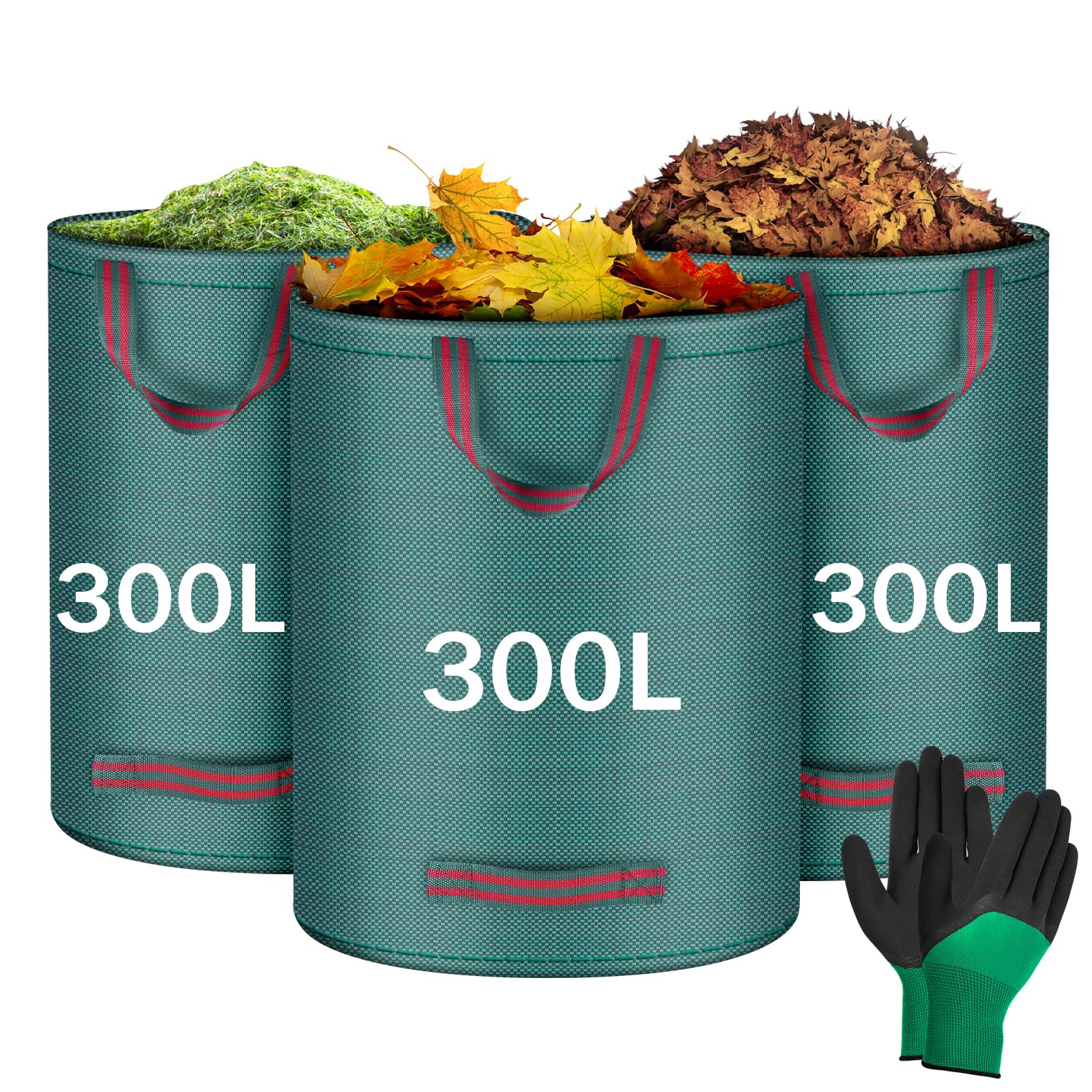Flintronic 3x300L Garden Waste Bags, Foldable Garden Bag with Carrying Handles, Reusable Trash Bag, Large Trash Bag with Gloves