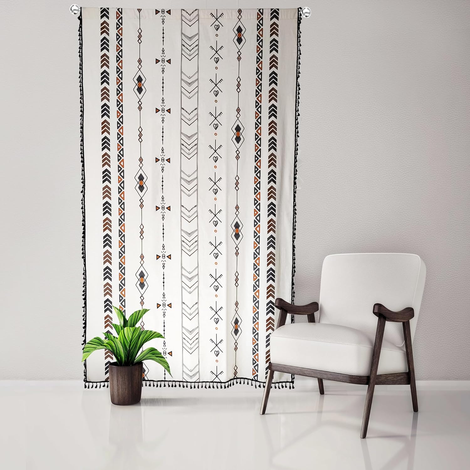 King Protea Boho Curtains Bohemian Geometric Pattern Tassel Edge Cotton Linen Beige Window Drapes Bedroom Living Room Rod Pocket (2 Panels, W 59" x L 63")