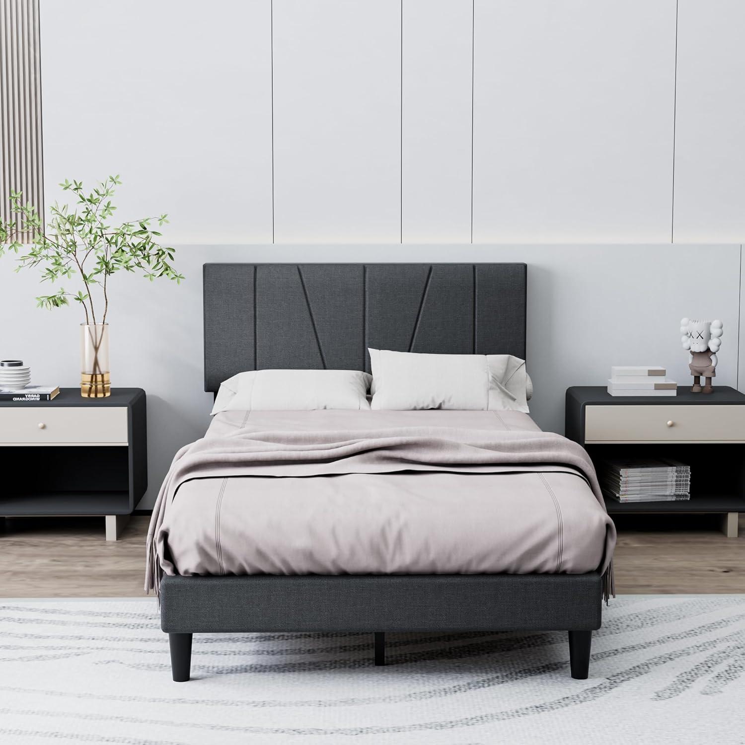 Full Platform Bed Frame with Fabric Upholstered Headboard & 12 Thickened Legs for Bedroom, Solid Wooden with 1300 lbs Weight Capacity, Easy Assembly, No Box Spring Needed, Grey Mattress Foundation