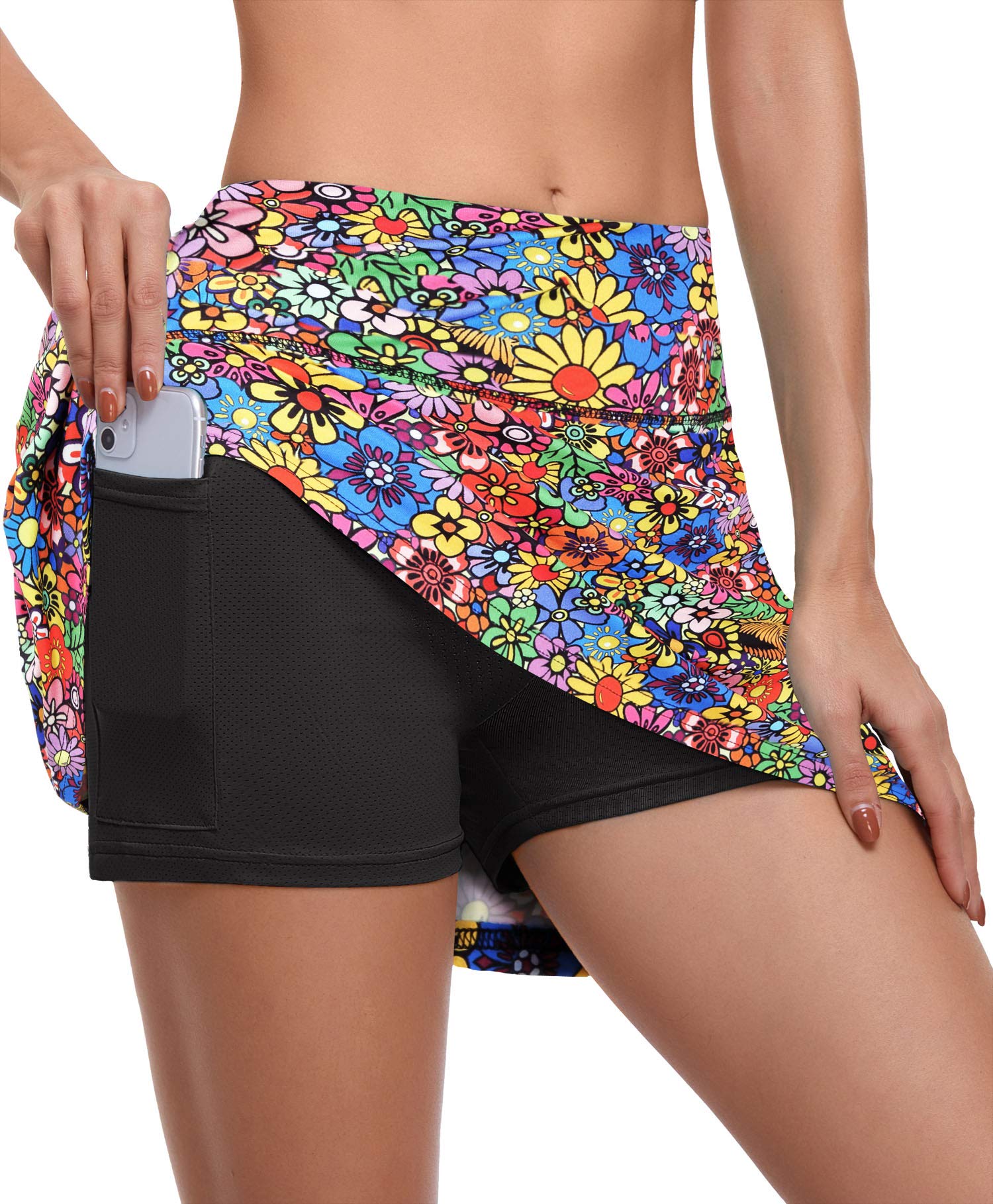 CHICHO Cute Skirts,Women Summer Tennis Skirt Quickly Dry High Waisted Zip Pockets Short Golf Workout Dress Stretch Breathable Flower 2Xlarge