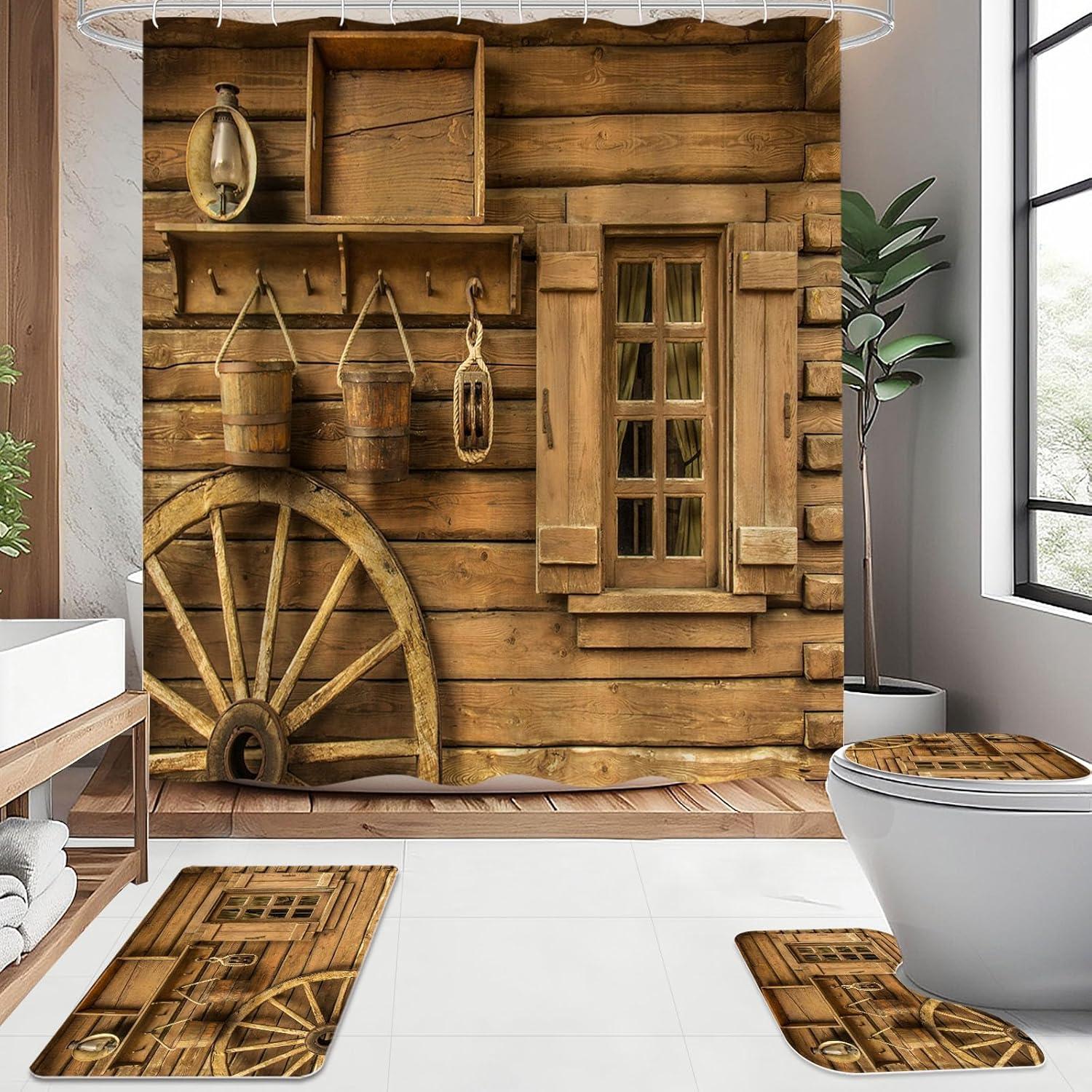 Litabel 4 Pcs Rustic Wooden Farmhouse Shower Curtain Set with Non-Slip Rugs, Toilet Lid Cover and Bath Mat, Farmhouse Bathroom Decor Set with Shower Curtain and Rugs(Hooks Not Included)