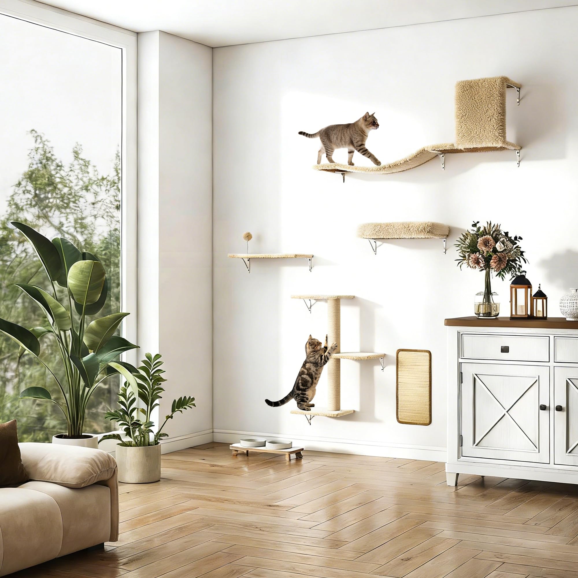COZIWOW Cat Wall Shelves Set, 5-Piece Wall Mounted Cat Furniture with Cat Tree & Scratching Post, Floating Cat Perches for Indoor Cats（Beige） - image 8