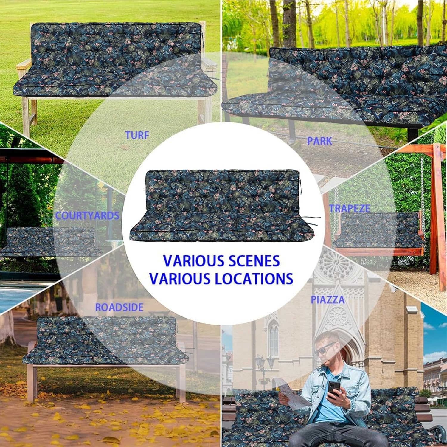 Porch Swing Cushions, Three Seat Swing Replacement Cushions Outdoor Bench Cushion with Ties Backrest Folding Waterproof Bench Cushion for Outdoor Patio Cushion (Hummingbird, 40 x 55 in Thicken)