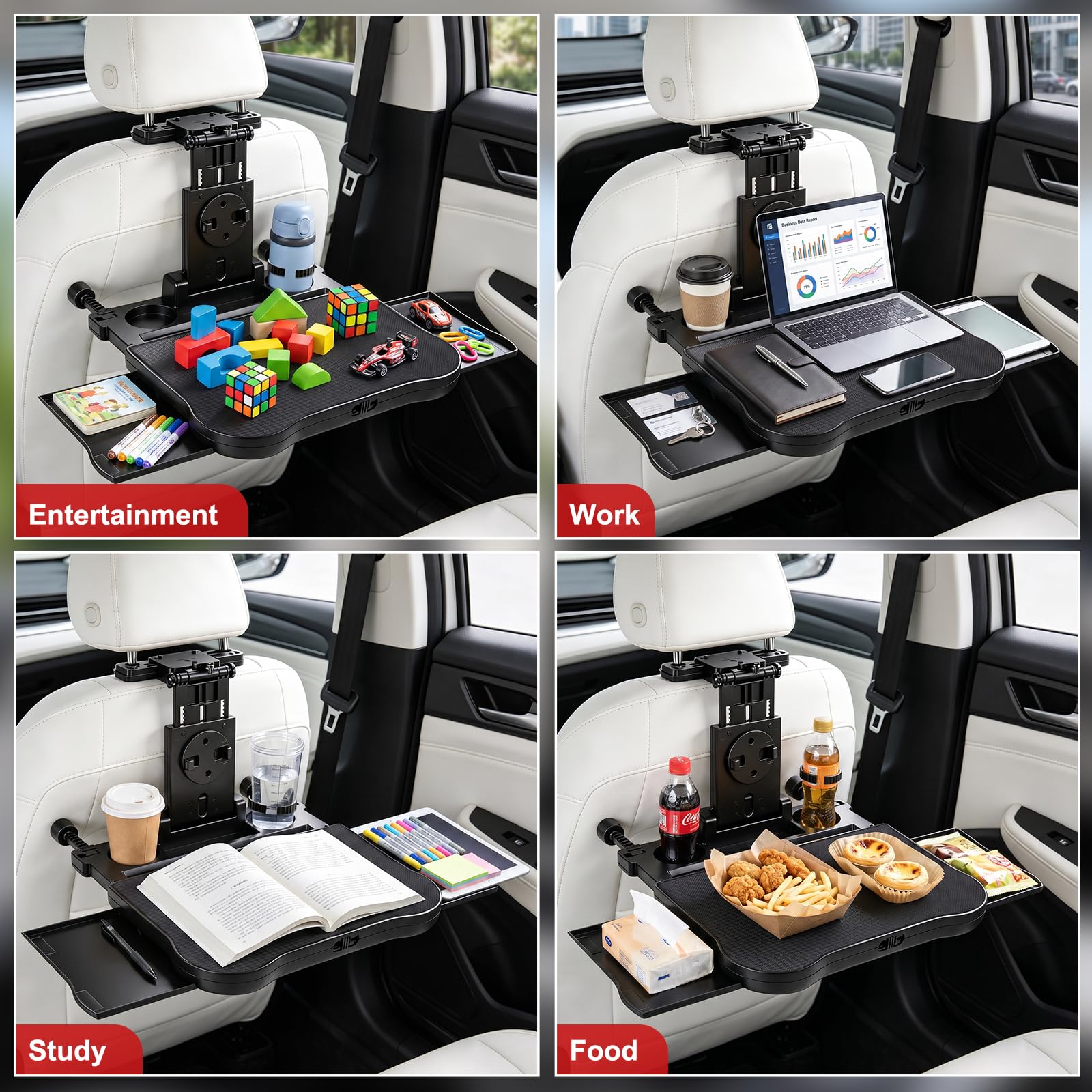Mesa de Asiento Trasero para Coche, Mesa Portátil para el Asiento del Coche con Portavasos y Soporte para el Móvil, Mesa Multifuncional Plegable, Capacidad de Carga de 15-20 kg
