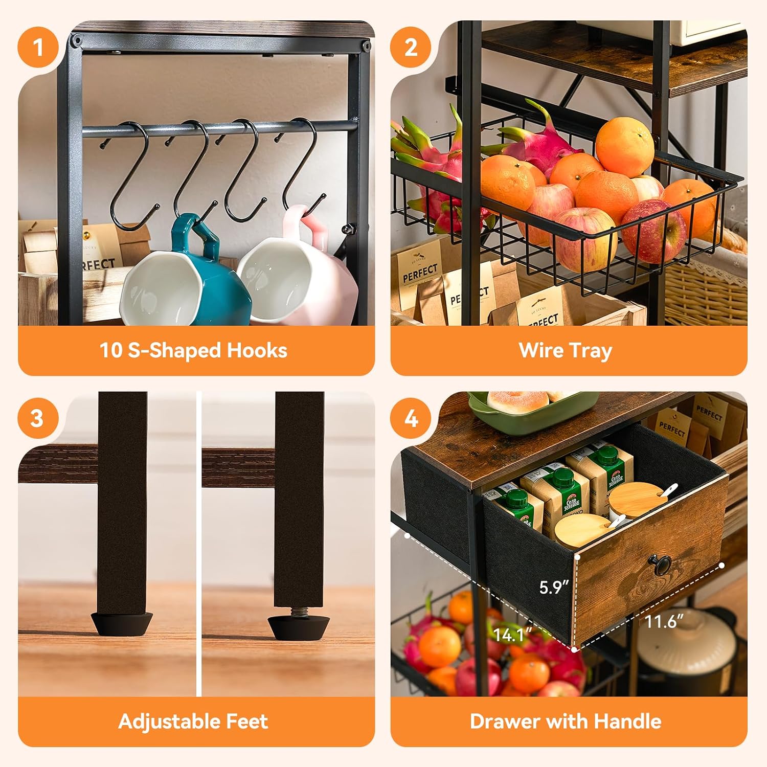 Artswish 72" Bakers Rack with Power Outlet, 8-Tier Freestanding Baker Racks Microwave Stand with Drawer, Coffee Bar Station with Basket and 10 S Hooks, Kitchen Appliance Shelves Rack, Rustic Brown