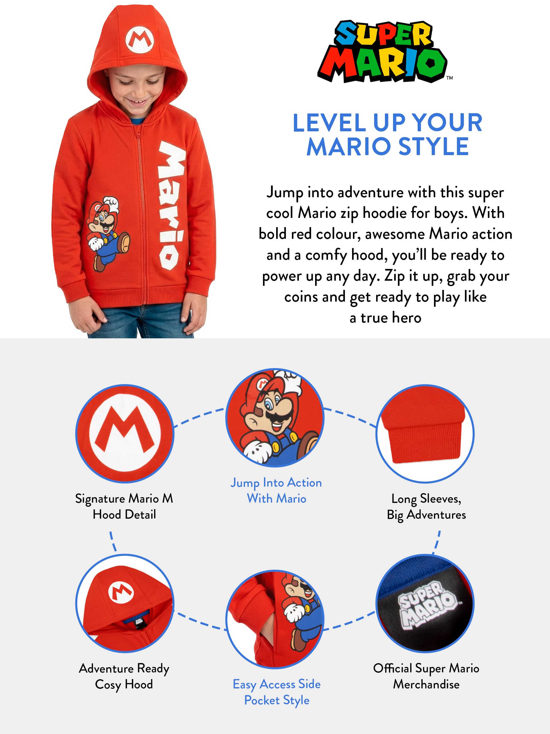 Bluza Z Kapturem Super Mario Dla Chłopców, Czerwona Bluza Mario Dla Dzieci, Dziecięca Rozpinana Z Zamkiem