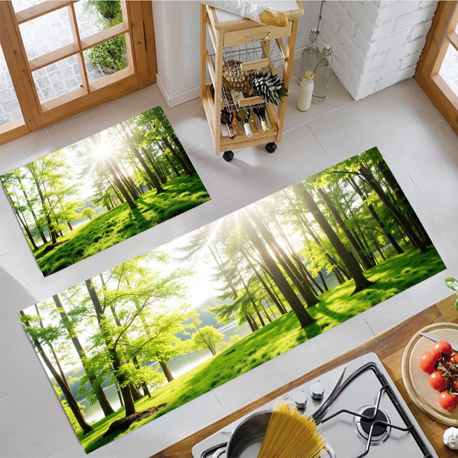 Alfombrilla de cocina verde bosque soleado para un suelo de comedor acogedor
