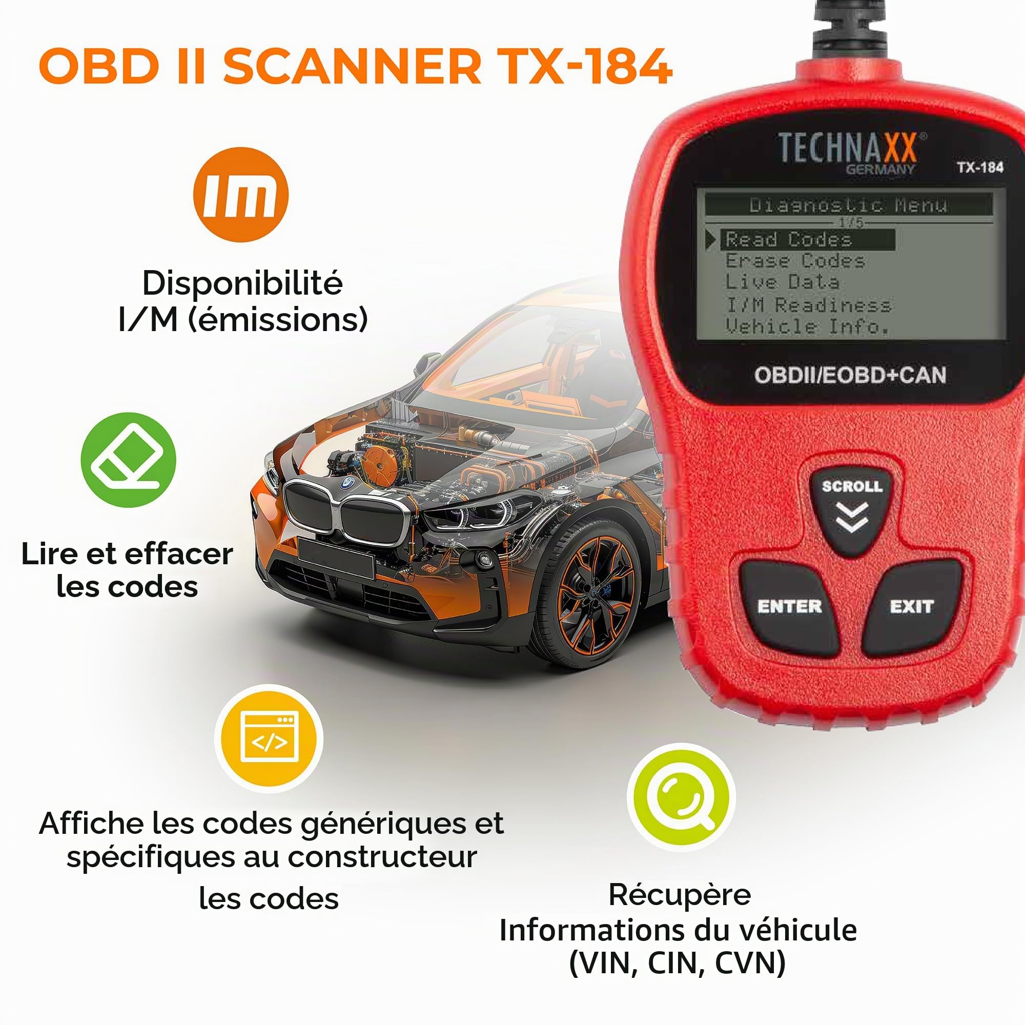 Technaxx Lecteur de Code OBD II TX-184 - Outil de Diagnostic Automobile Multilingue avec Récupération VIN/CIN/CVN, Lecture & Effacement des Codes d'Erreur, Compatibilité Véhicules 1996+
