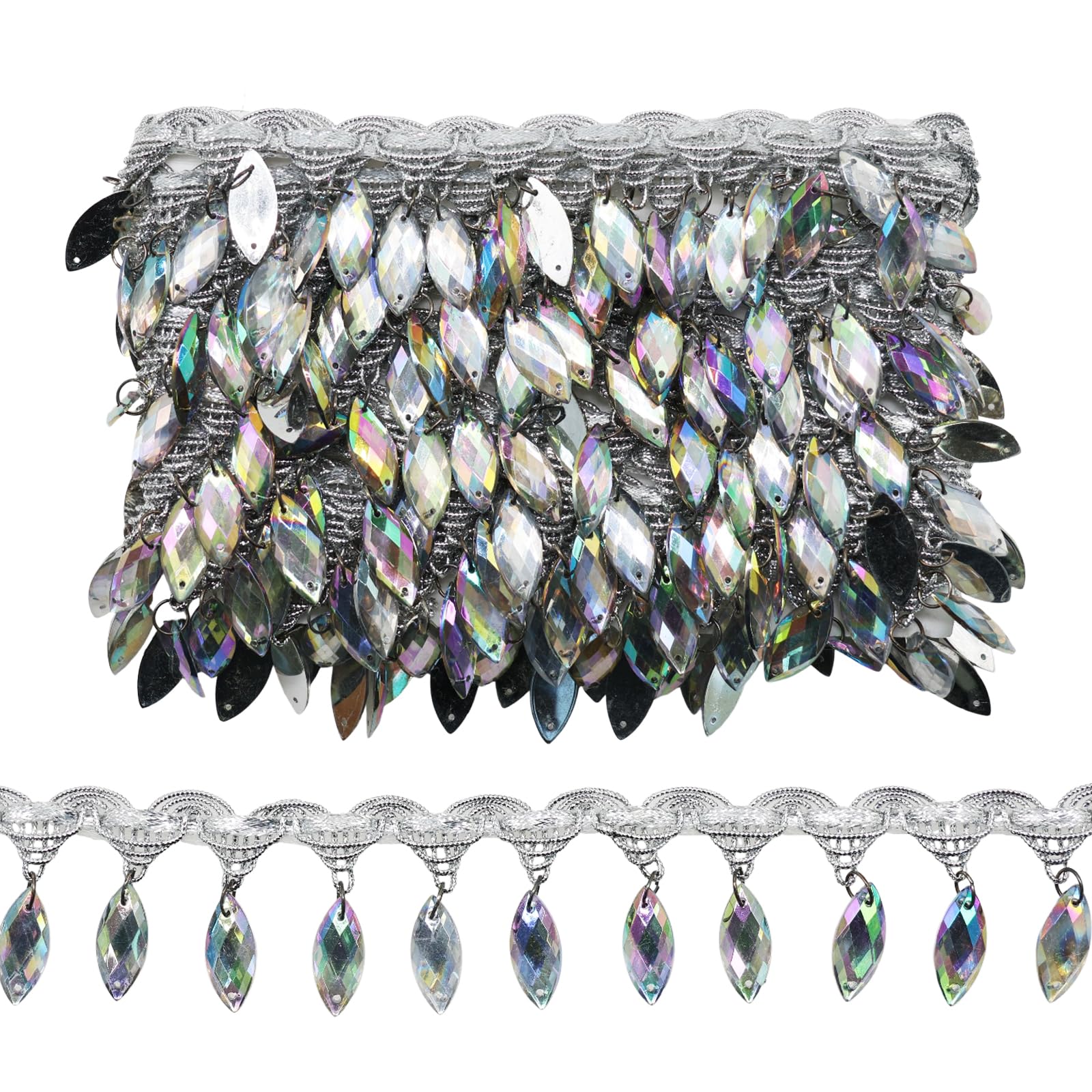 Yalulu 4.5 Yards Crystal Beads Fringe Trim, Polyester Beaded Lace Tassel Fringe Trimming for Latin Dress Stage Clothes Lamp Shade (Silver)