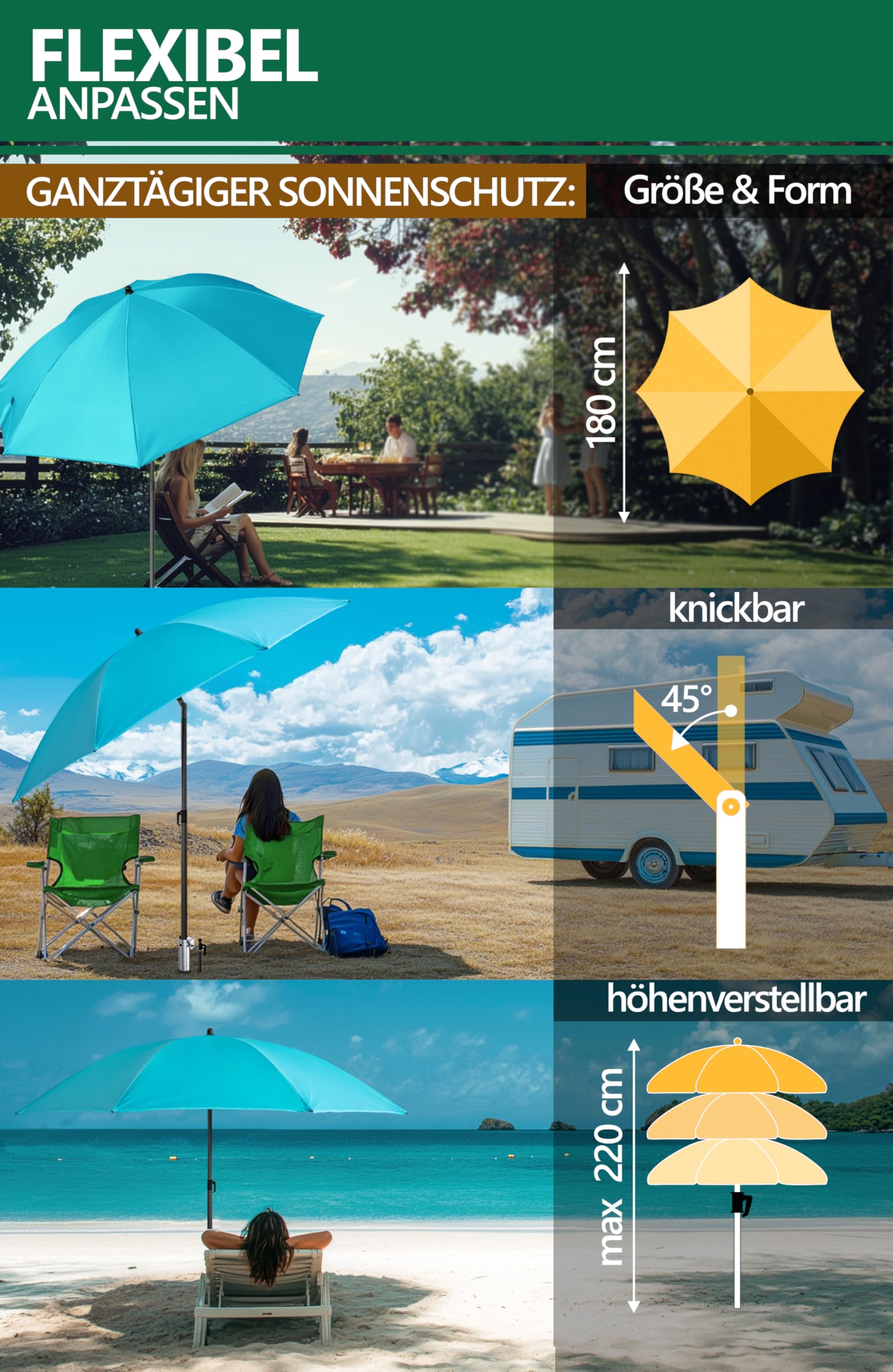 Menz Sonnenschirm Strand 3-in-1 Set, Ø 180 cm, Türkis, Strandschirm Windfest Stabil, UV50 Sonnenschutz Strand, Einschraubhülse & Schirmhülle, Höhenverstellbar, Flexibles Schatten für Garten
