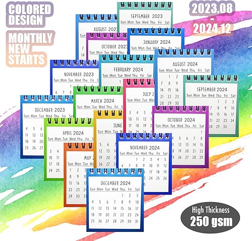 Miniatura 5 de Calendario pequeño de escritorio 2023-2024 para verificación rápida, 17 meses desde agosto de 2023 hasta diciembre de 2024, páginas mensuales de 3 x