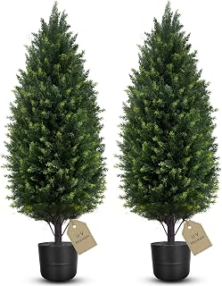 Artificial Cypress Topiary Trees Set of 2, UV Resistant Realistic Evergreen Faux Cedar Pine Tree 3FT, Pre-Potted Artificial Evergreens Greenery Plants for Front Porch, Patio, Entrance,Garden