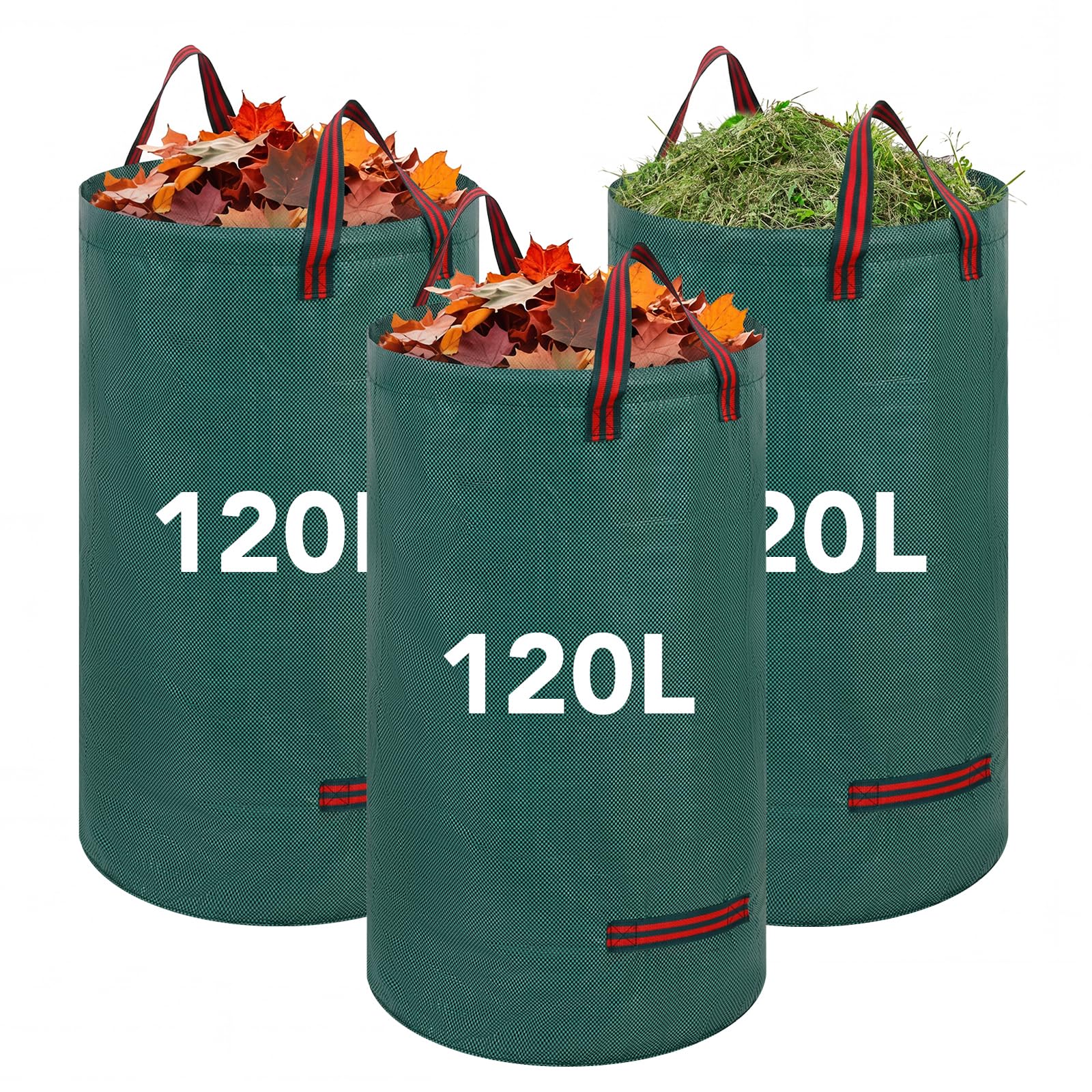 3 Pack 120L Large Garden Bag with Handles, Heavy Duty Garden Waste Bags,Reusable Green Sacks for Collecting Grass, Leaves Debris