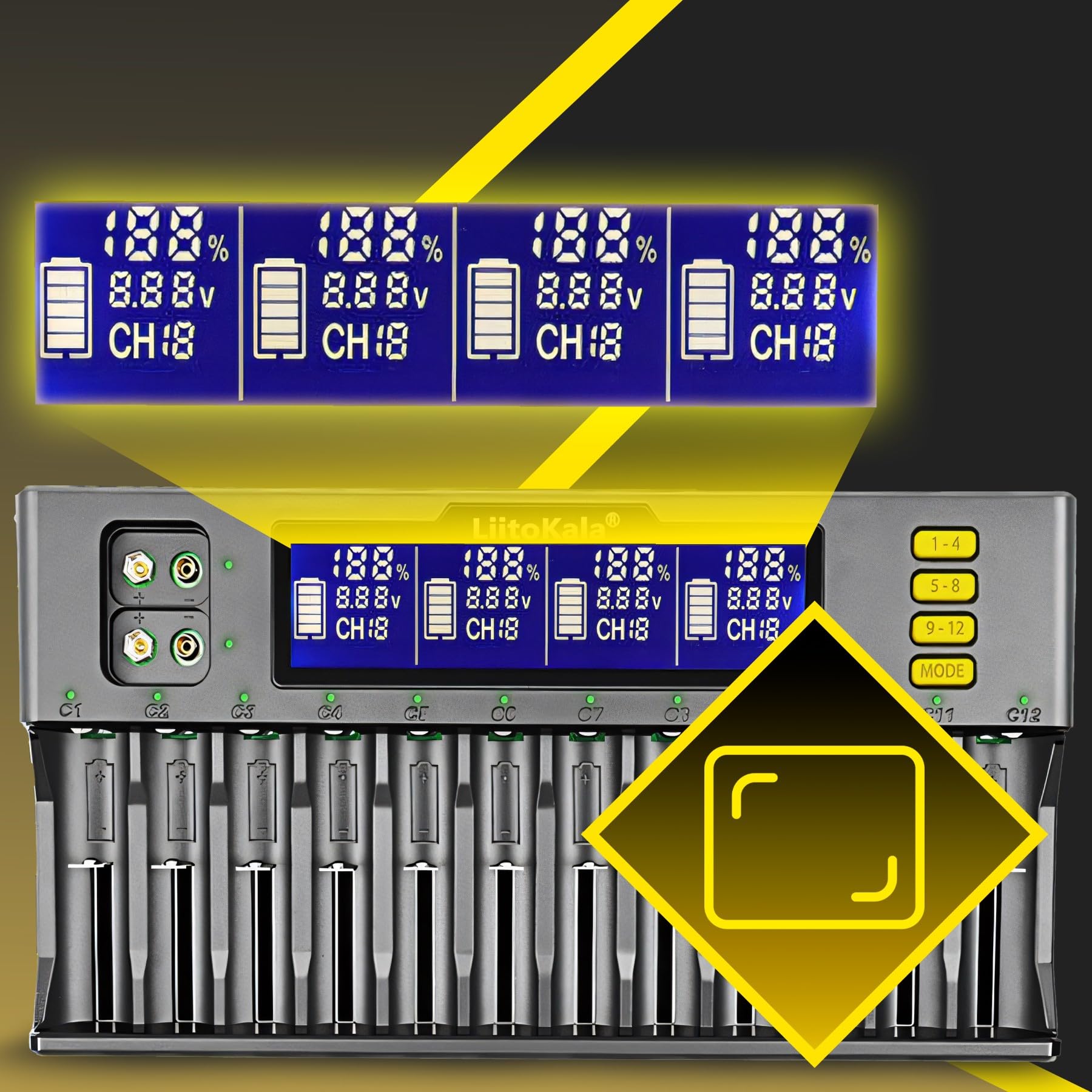 Retoo Ładowarka do akumulatorów AA, AAA, 9 V NI-MH/NI-CD, Li-ion-3,70 V/3,80 V, LiFePO403.20V, 12 miejsca do ładowania, uniwersalna szybka ładowarka z wyświetlaczem LCD, baterie wielokrotnego