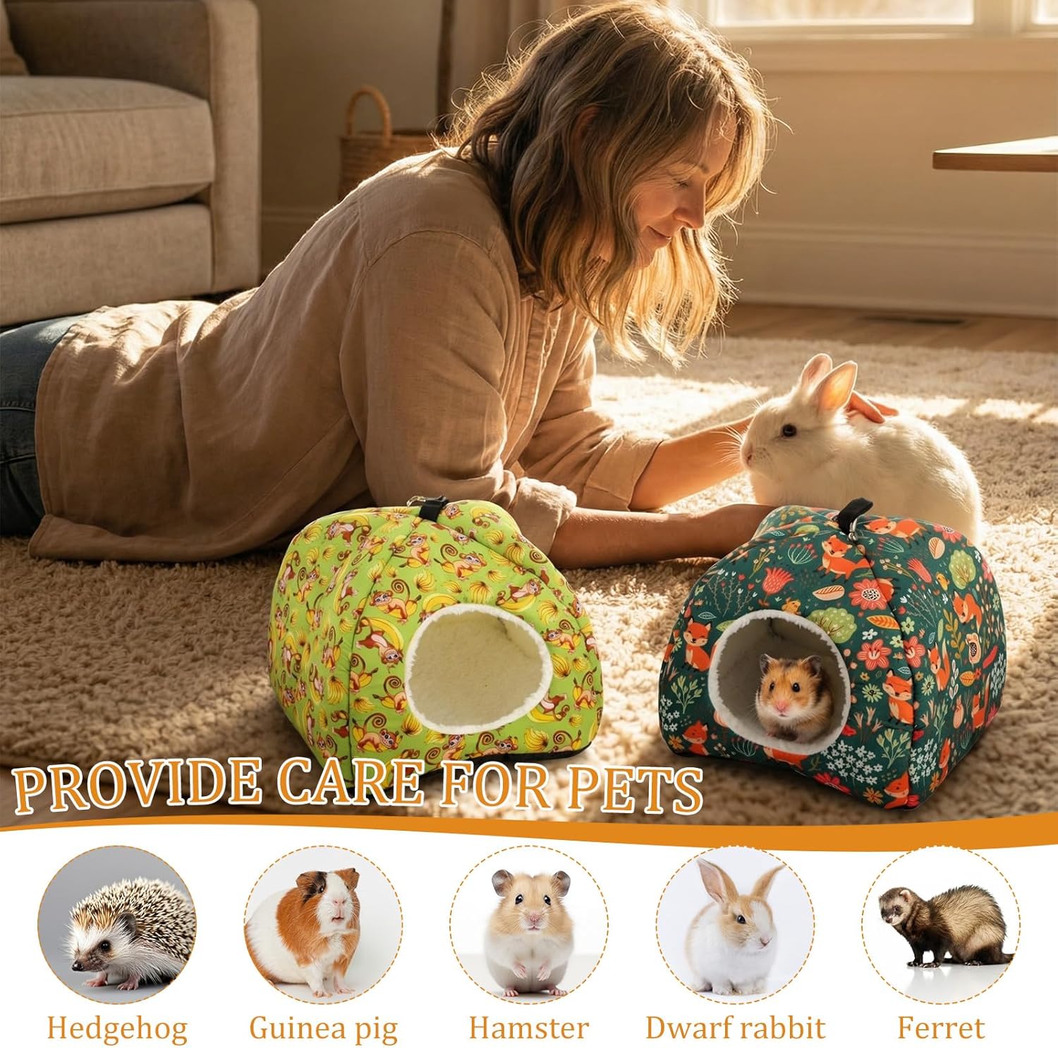 Novabright 4 Pack Guinea Pig Hideout Bed Dwarf Rabbit Bed Sleeping Fleece House Washable Cave Cage Accessories for Little Bunny Ferret Chinchilla Hedgehog(7.5x7.5x6 Inches,Animal Style)