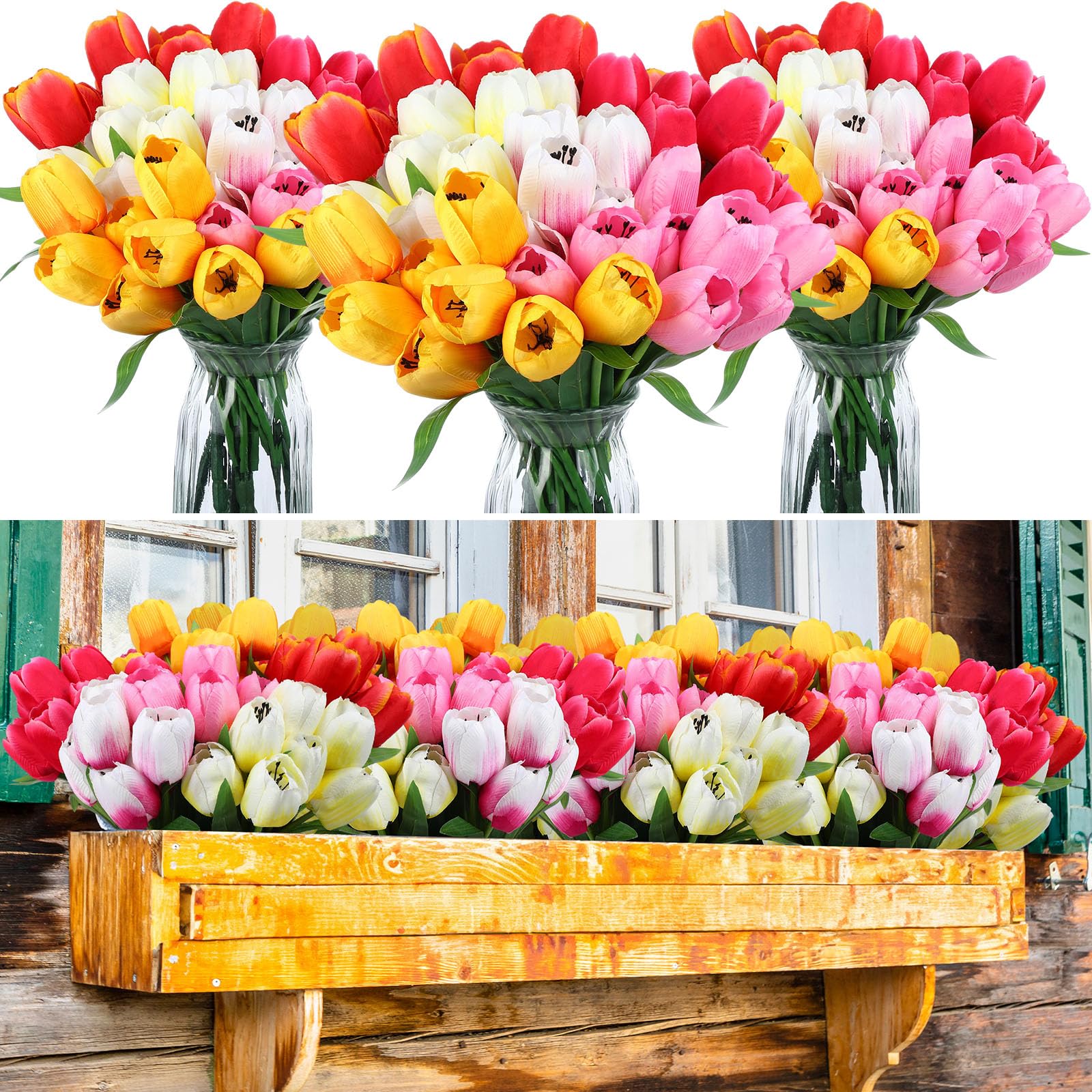 Photo 1 of 6 Bundles 9 Heads Artificial Tulips Flowers 54 Pcs Fake Silk Faux Tulips Flowers Bouquets Arrangements for Outdoor Wedding Garden Porch Party Table Home Vase Planter Decoration(Multicolor) Multi Color