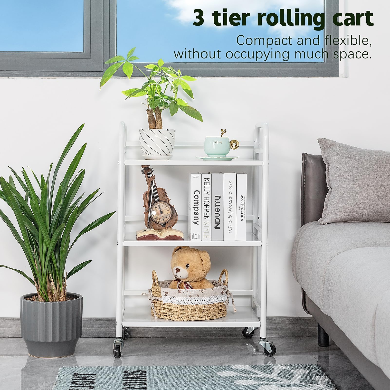 HDANI Carrello su ruote,Carrello Portaoggetti Metallico Con 3 Ripiani Carrello Organizer Con Ruote,Per Cucina,Trucco,Bagno,Ufficio,48×30×75cm,Bianco