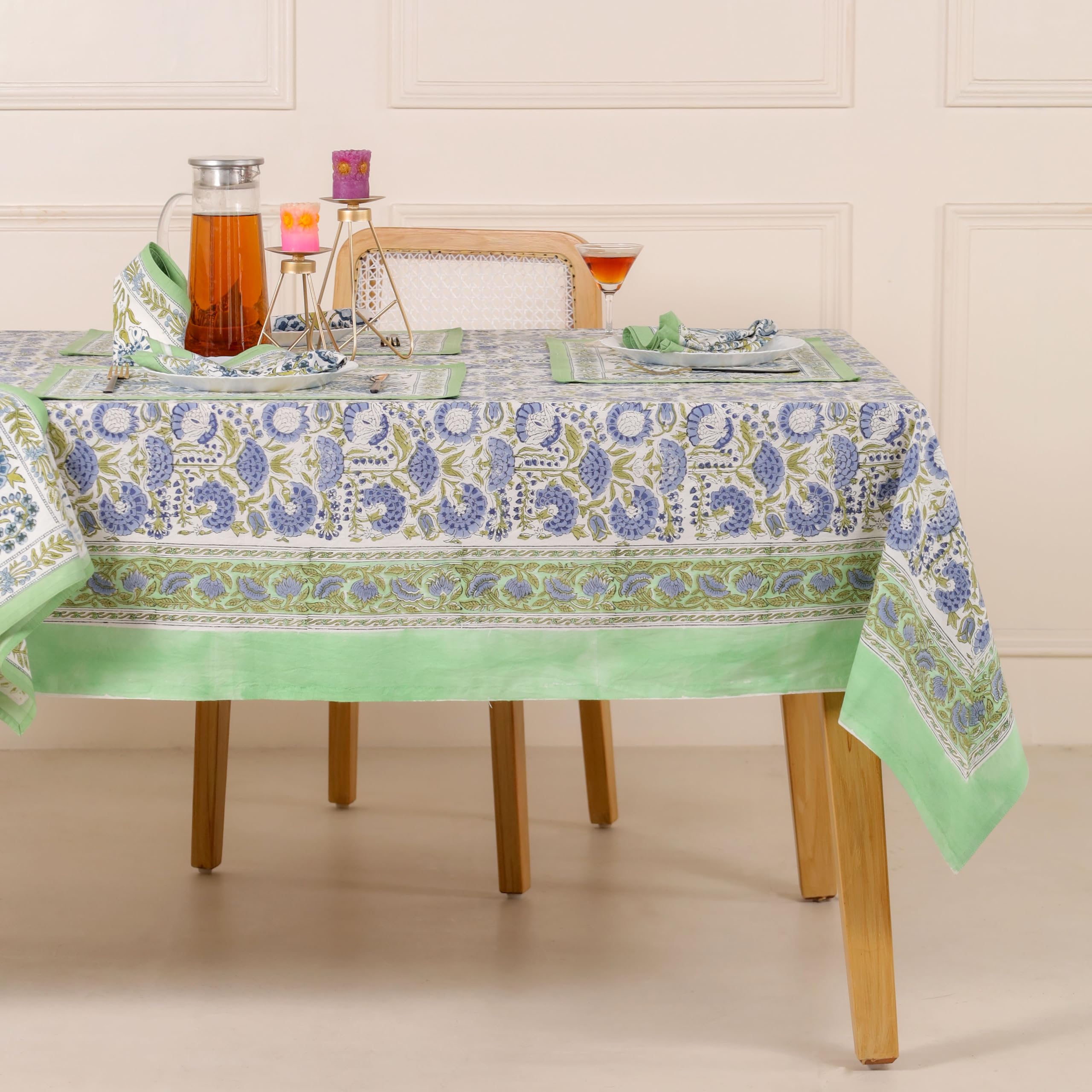 DecorAvenue Hand Block Printed Table Cover - Exquisite Design, Premium Cotton Fabric, Perfect for Dining and Decor, Dining Table Linen(Moss Green,8 Seater 70 x 108 Inches Rectangle) — image 1