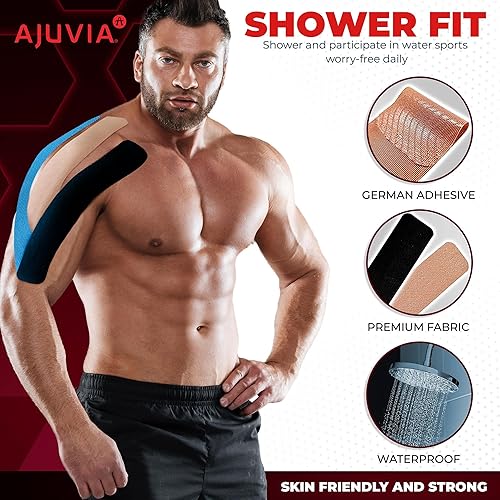 Miniatura 5 de AJUVIA Rollo de cinta K Pro Synthetic Kinesiotape (2 rollos, 10% de bonificación, 40 + 4 tiras precortadas) dura hasta 14 días, tiras precortadas Kt