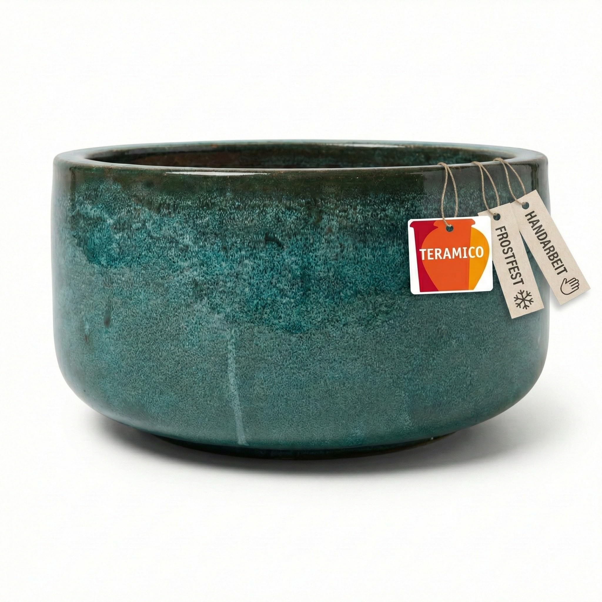 Teramico Vaso per piante in ceramica resistente al gelo, rotondo, fatto a mano, per esterni, balcone e terrazza, con foro per pavimento (verde muschio, Ø 38 x 20 cm)