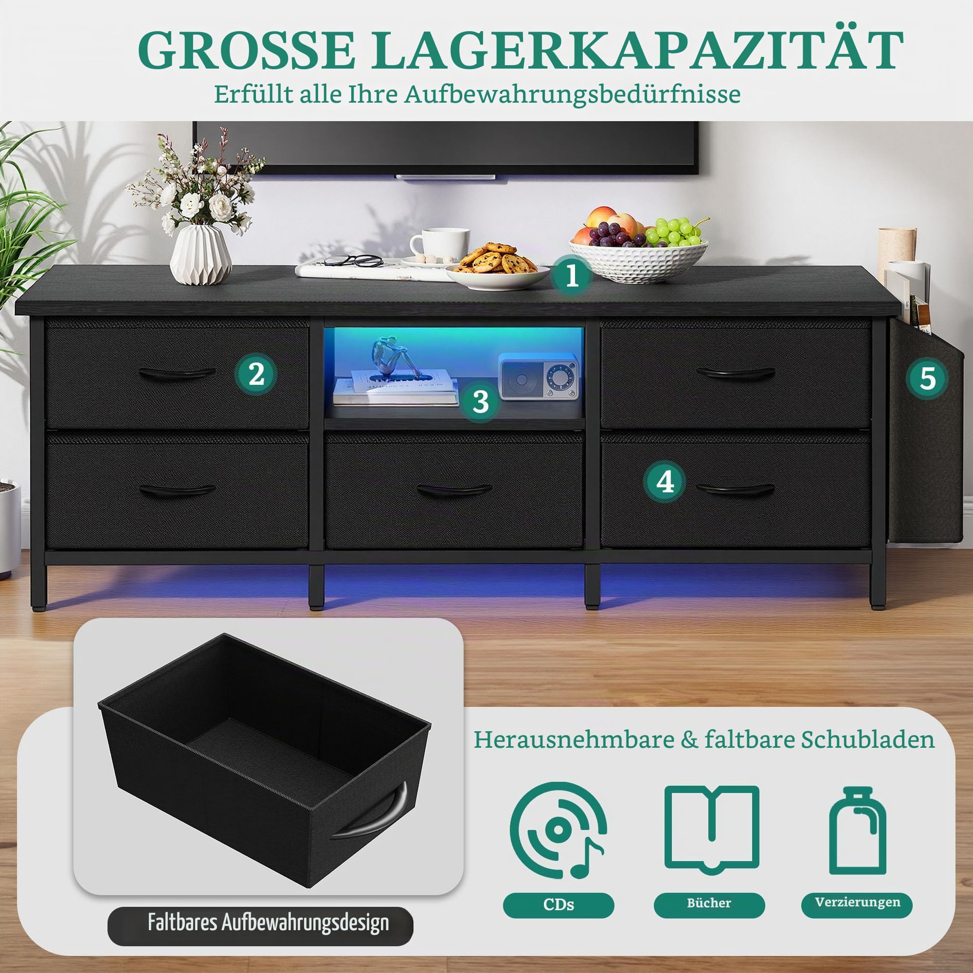 YITAHOME TV-Schrank, TV-Ständer für Wohnzimmer mit 5 faltbaren Schubladen und Regalen, TV-Ständer mit RGB-LED-beleuchtetem TV-Entertainment-Center mit Schrank, 145 x 35 x 50 cm, Schwarz