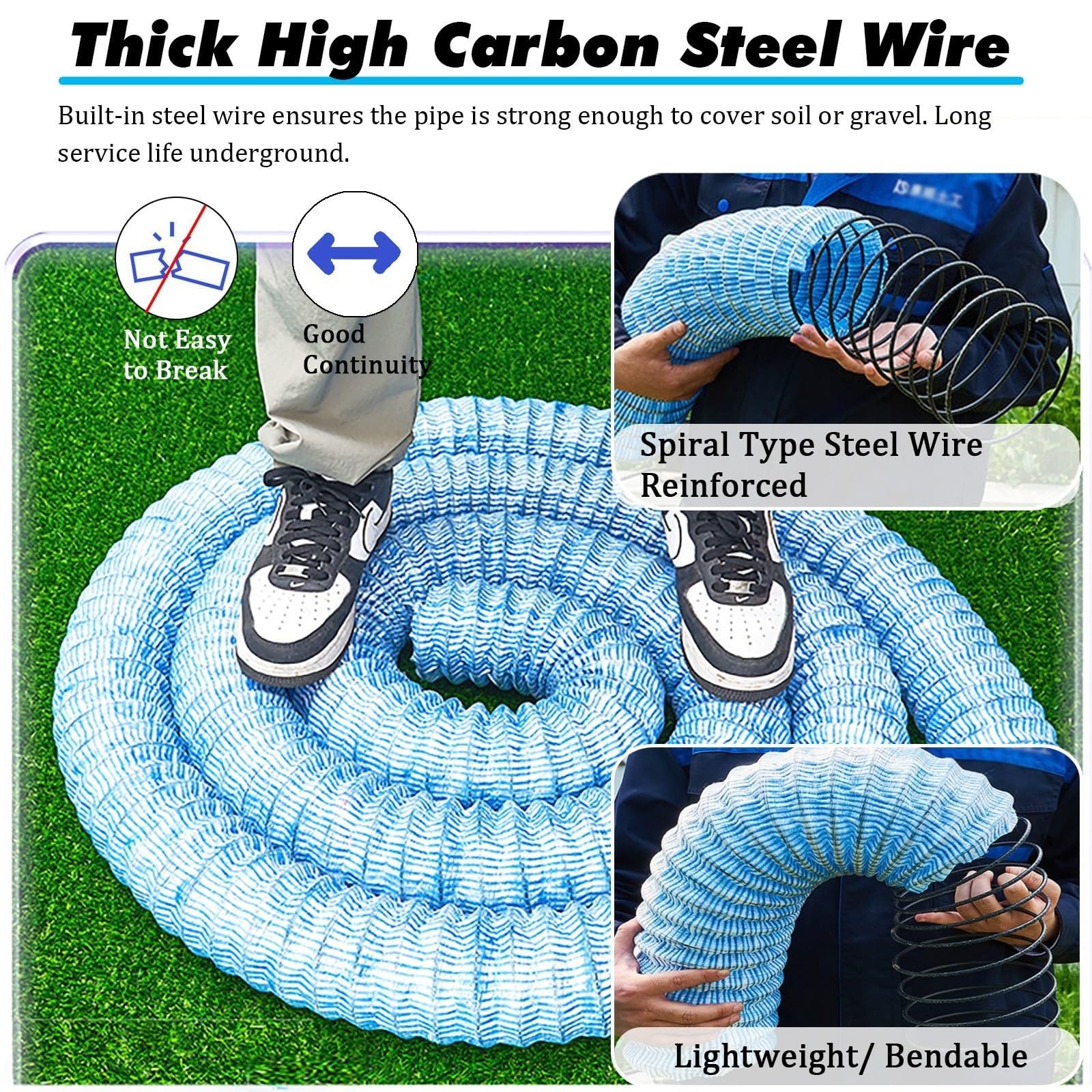 Tubo de drenaje permeable perforado, funda filtro no tejida, alambre acero espiral, flexible enterrado para patio, sótano, carretera, césped(Dia-15cm(5.9in),L110ft/33.5m)