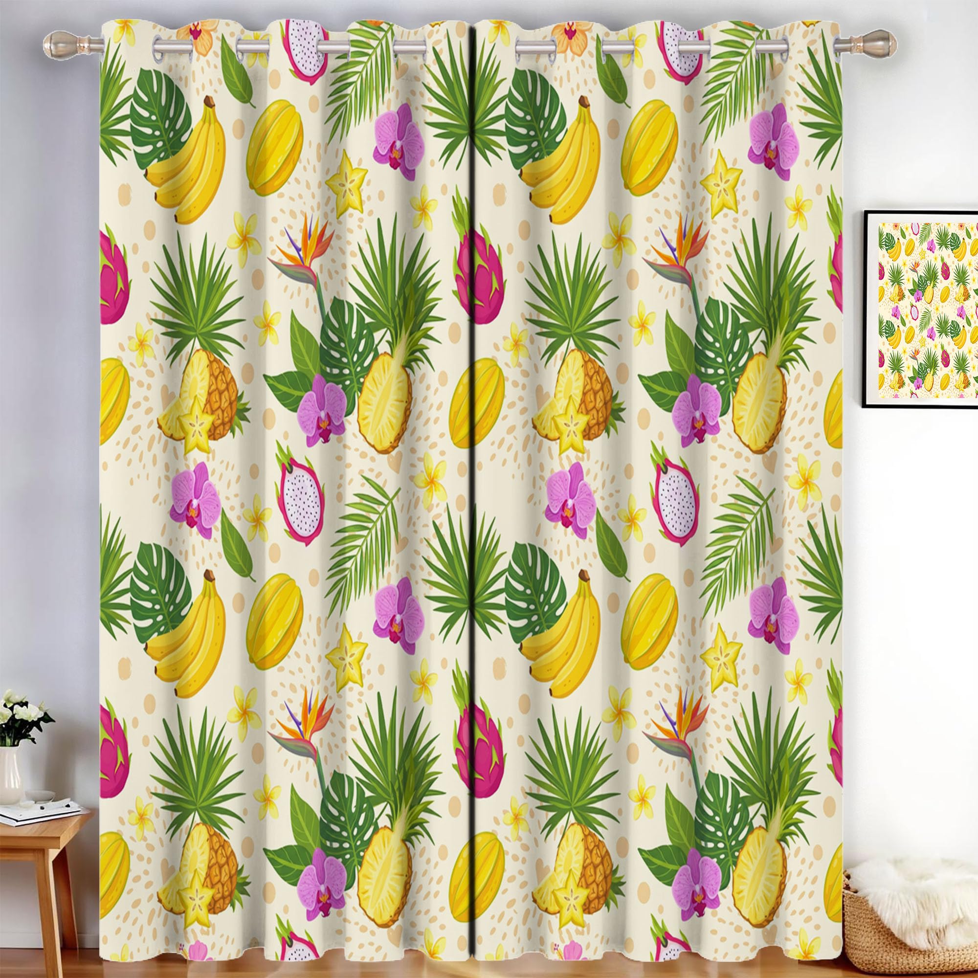 Rideau occultant bananes ananas lot de 2 thermiques 110x215 cm
