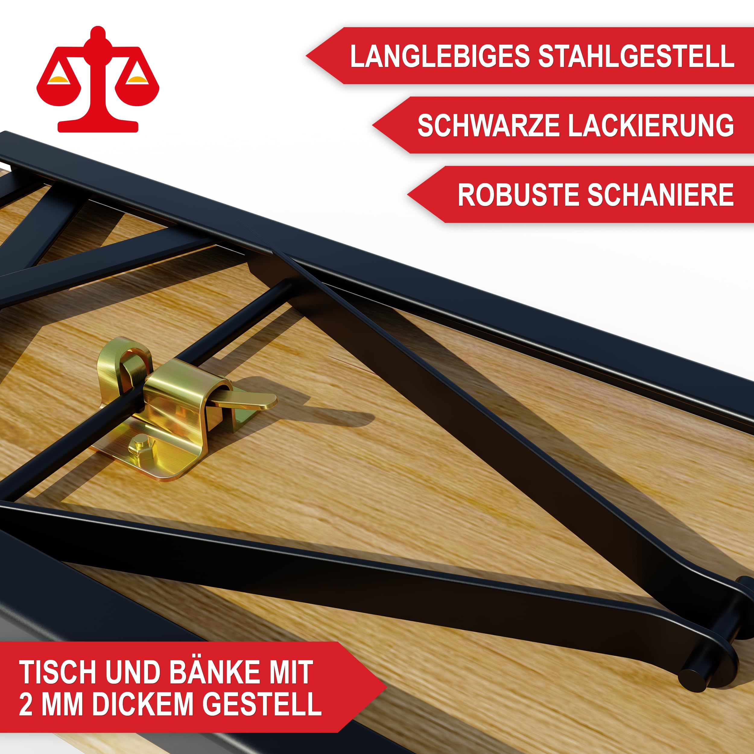Onbest Bierzeltgarnitur für 8 Personen – 3 teilig – Modernes schwarzes Gestell – Tisch & 2 Bänke im Set – Biertischgarnitur mit Bodenschoner – klappbar – Holz lackiert – 177 x 46 x 75 cm