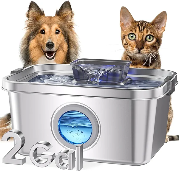 PETIMI Cat & Dog Water Fountain, 2 Gallon 304 Food Grade Stainless Steel Pet Water Fountain, Ultra Quiet Dog Water Bowl Dispenser, Safety Lock, 3 Replacement Filters, Smart Water Pump Protection
