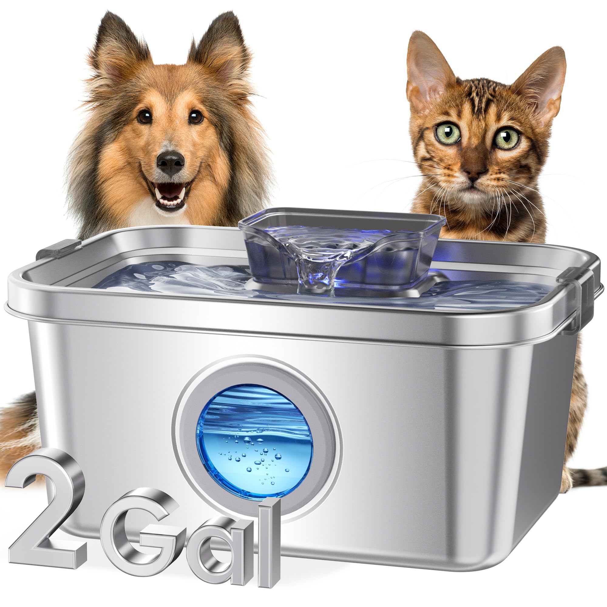 Dog Water Fountain, 2 Gallon 304 Stainless Steel Large Pet Water Fountain for Dogs & Cats, Ultra Quiet Indoor Pet Fountain, Safety Lock, 3 Replacement Filters Included, Smart Pump Protection