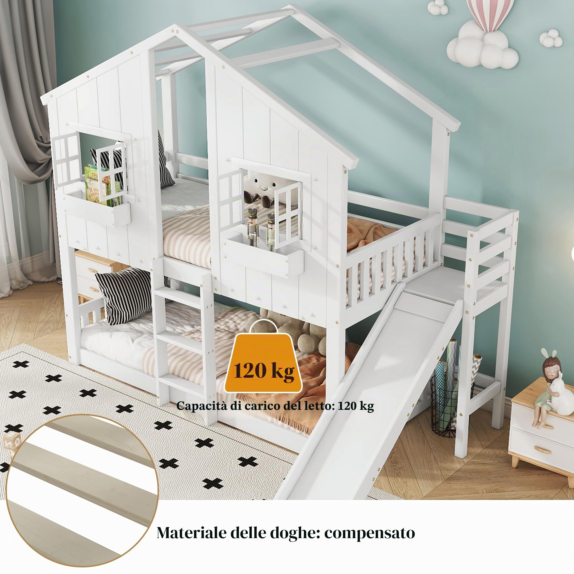 Letto a Castello (90x200 cm) in Pino+MDF con Scivolo e scaletta a Tre gradini, Letto a Castello per Bambini con Tetto, Finestra, Sponda di Sicurezza, Bianco