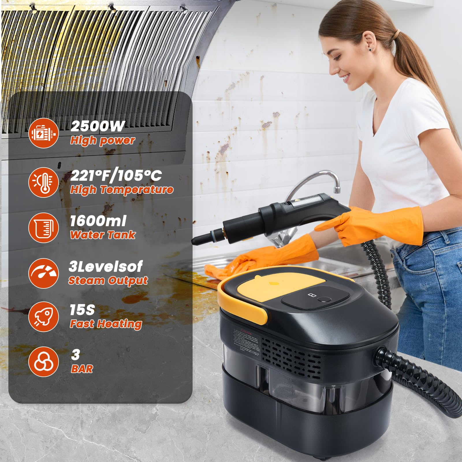 Pulitore a Vapore 2500W,Portatile ad Alta Pressione, Steam Cleaner con 3 Livelli di Potenza, tempo di riscaldamento 10s,Serbatoio 1600 ml, per la pulizia con 17 accessori,per Casa, Cucina, Bagno