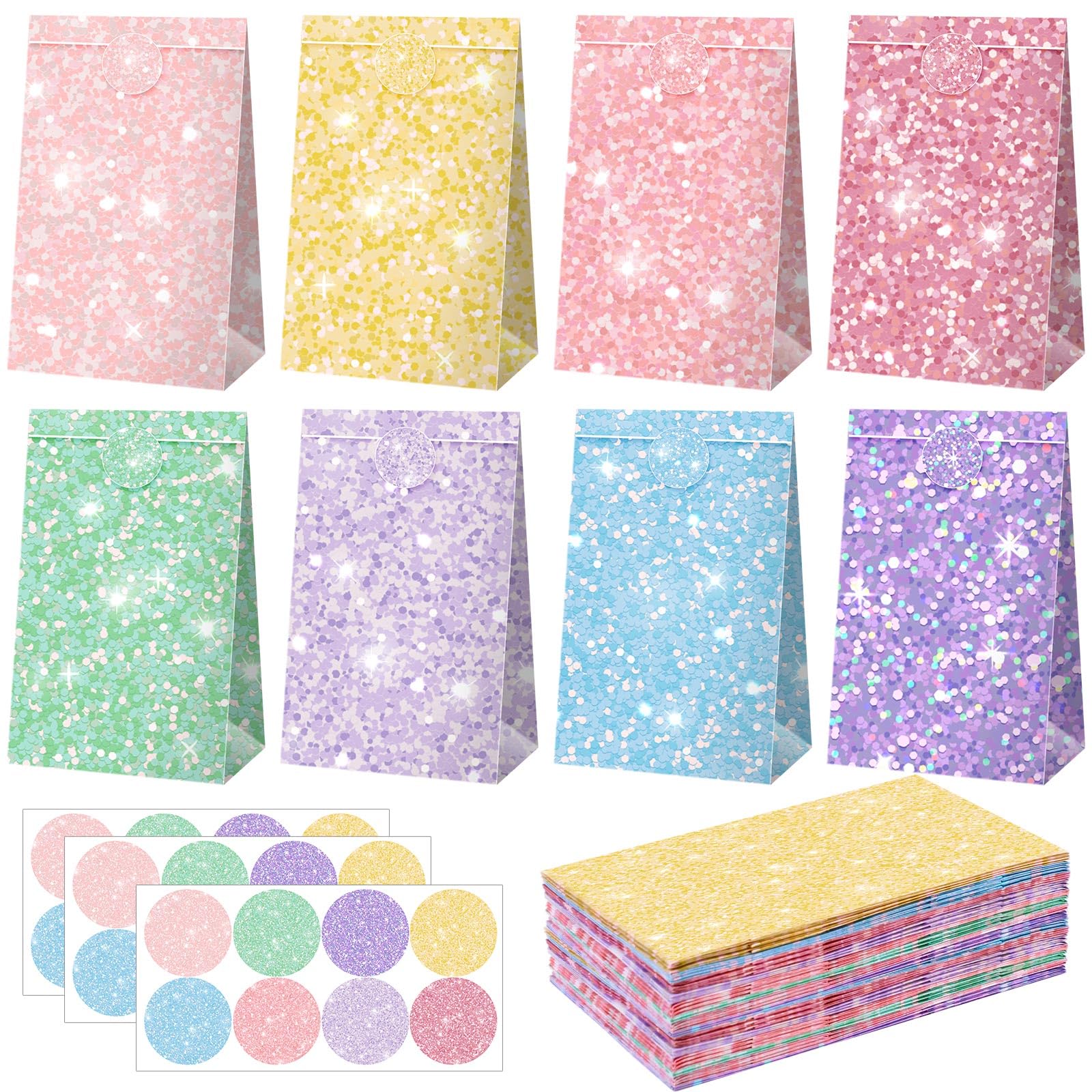 Kolldenn 24 Pcs Glitter Pastel Gift Bags Bulk Pastel Party Favors Small Goodie Treat Bags with Sealing Stickers for Wedding Baby Shower Birthday Holiday Party Favors Supplies