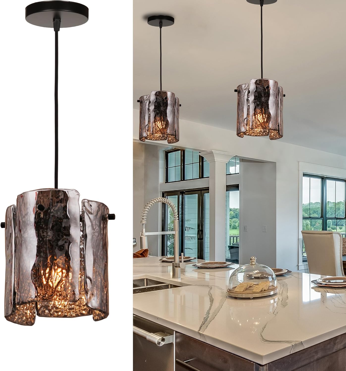 Modern Small Black Glass Pendant Light for Kitchen Island, Smoke Gray Glass Chandelier Lights Fixture, Adjustable Height Farmhouse Lighting Fixture for Dining Room, Living Room,Foryer