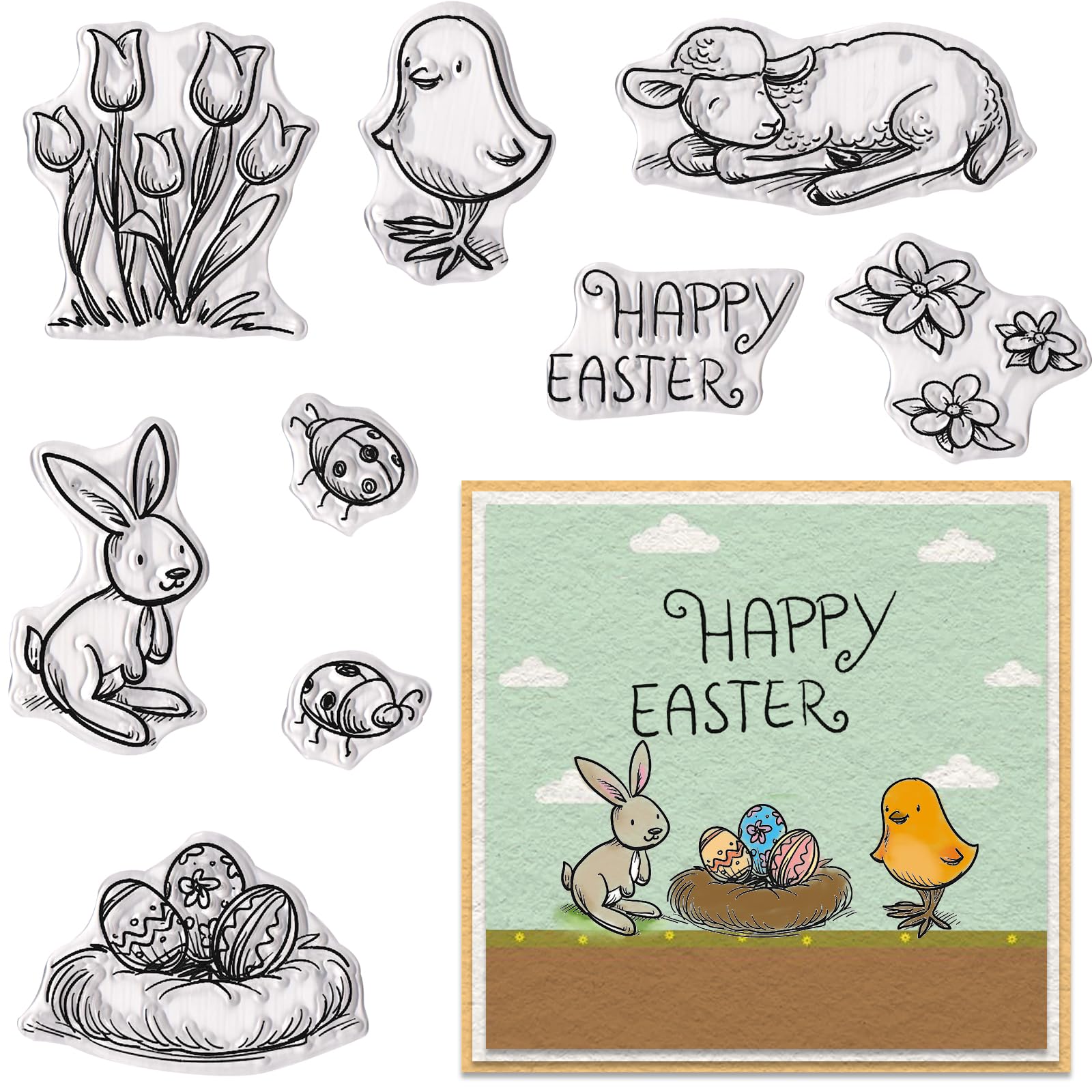 Happy Easter Clear Stamps for Card Making Happy Easter Words Bunny Eggs Rubber Stamps Easter Transparent Silicone Seals for Easter Spring DIY Scrapbooking Embossing Paper Card Album Craft Supplies