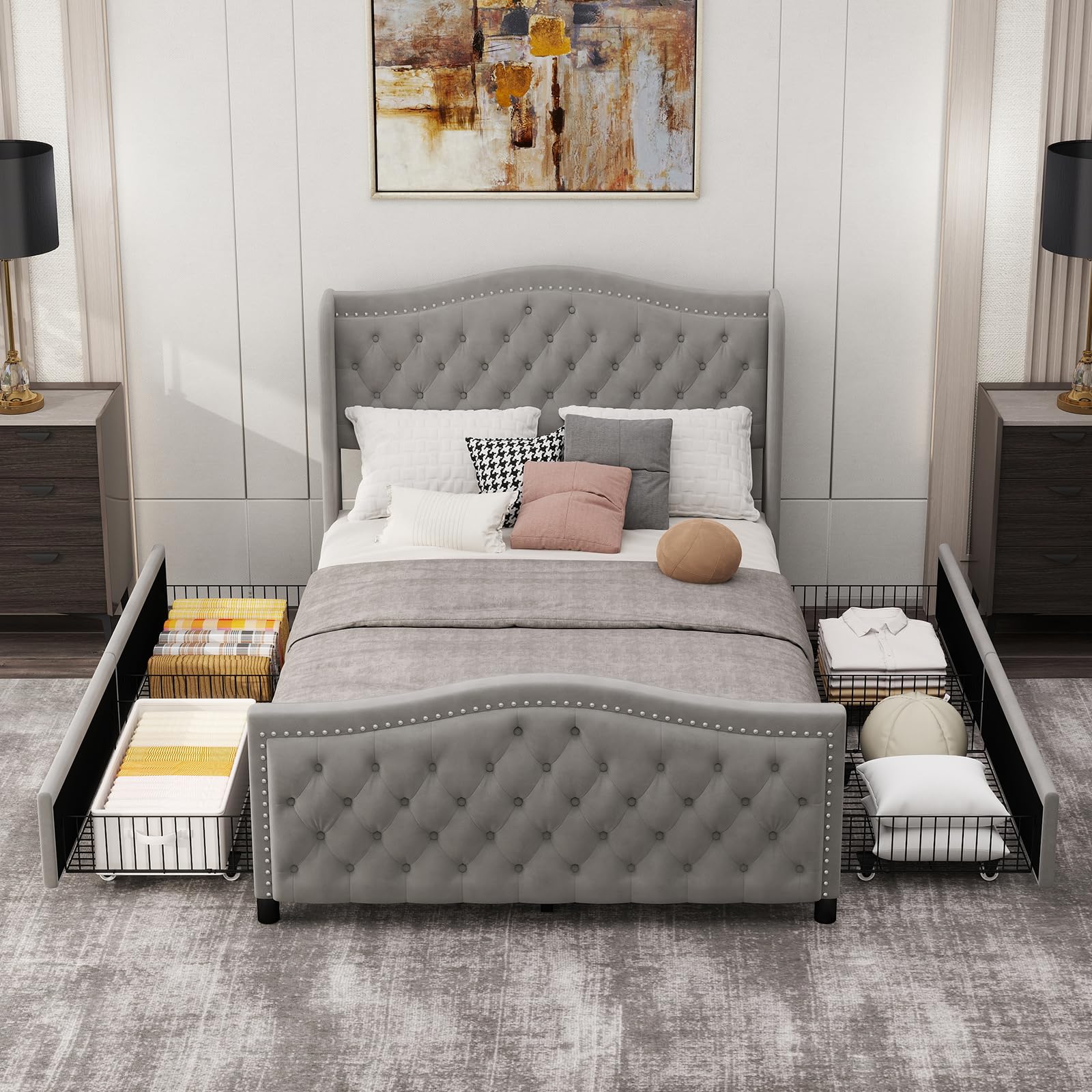 CANMOV Full Size Upholstered Bed Frame with 4 Storage Drawers,Comfortable Fabric Platform Bed Frame with Wingback Headboard & Footboard,Wooden Slats