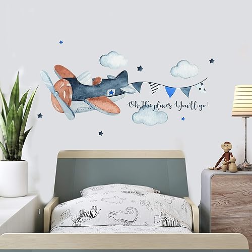 Miniatura 5 de WD11 - Calcomanía de pared de avión con diseño de cielo y escenario WD11. Oh The Place Youll go, calcomanía de pared extraíble para habitación de