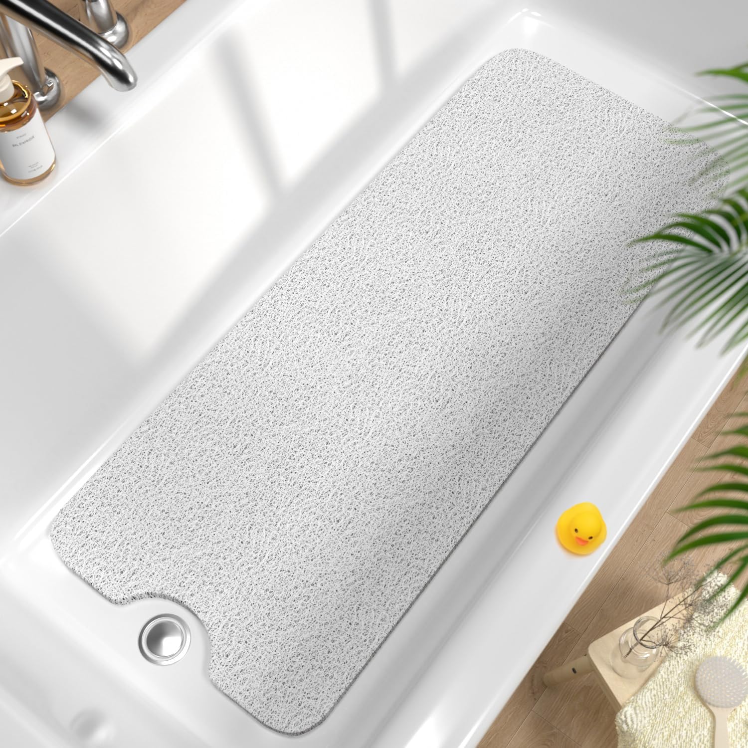HITSLAM Non Slip Bathtub Mat 40 x 20 Inch, Extra Long Bath Mat for Tub, Soft PVC Loofah Shower Floor Mat with Drain, Quick Drying Bathroom Tub Mat for Wet Area, Without Suction Cup, Grey