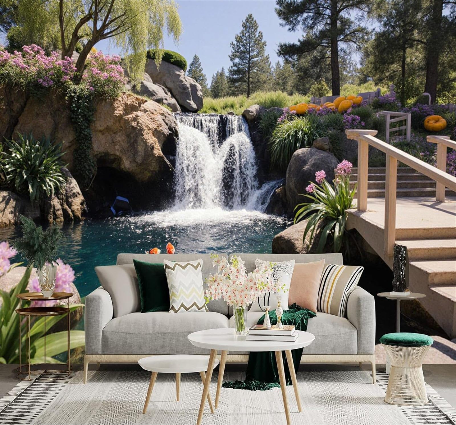 XLMING Koi Pond Garden Wooden Bridge Waterfall Natural Scenery 3D Wallpaper Silky Texture Home Study Office Grey Dining Room Sofa Bedroom Living Room TV Backdrop-150cm×105cm