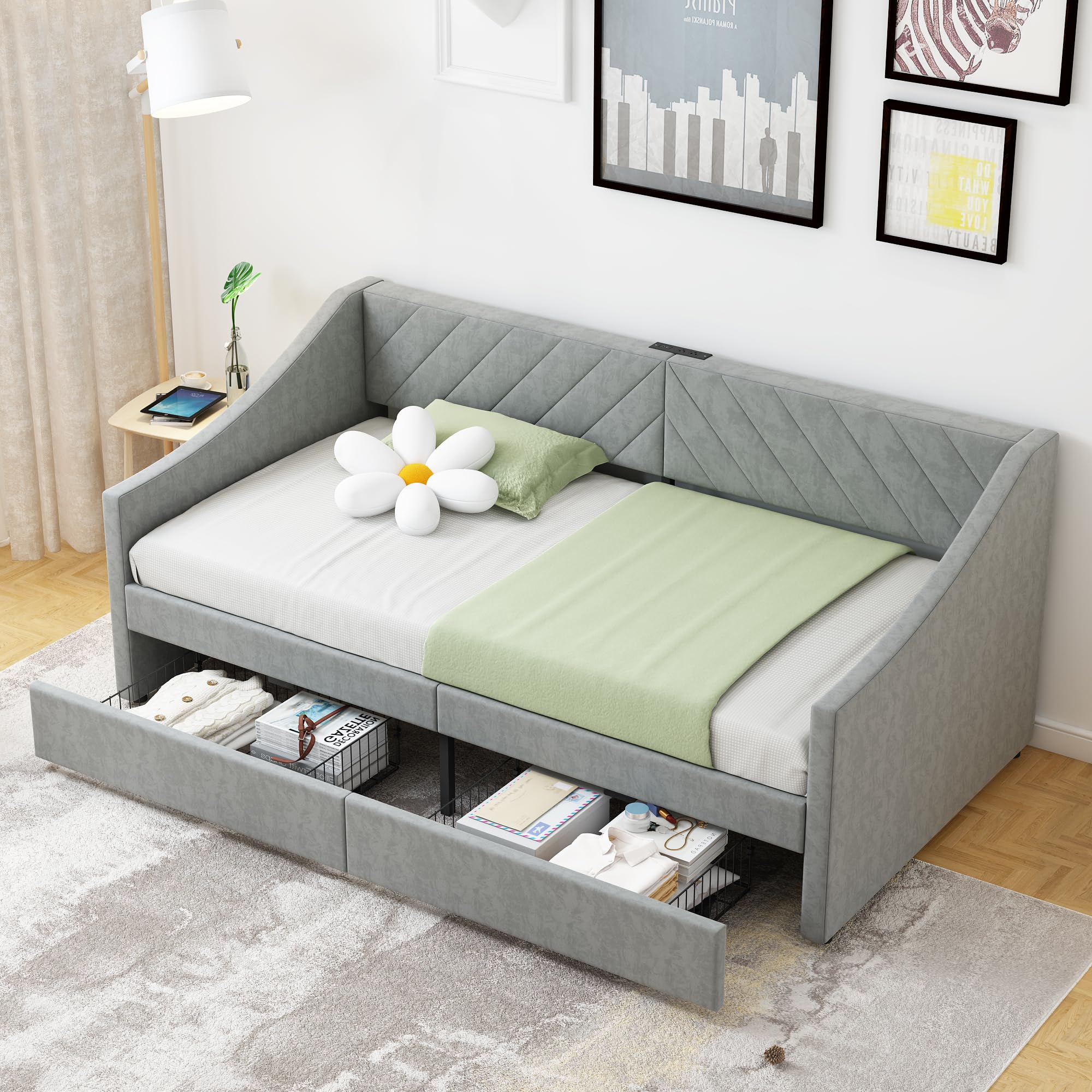 Upholstered Twin Size Daybed with Two Storage Drawers, Twin Leatherair Sofa Bed Daybed with Wood Slat Support,No Box Spring Needed