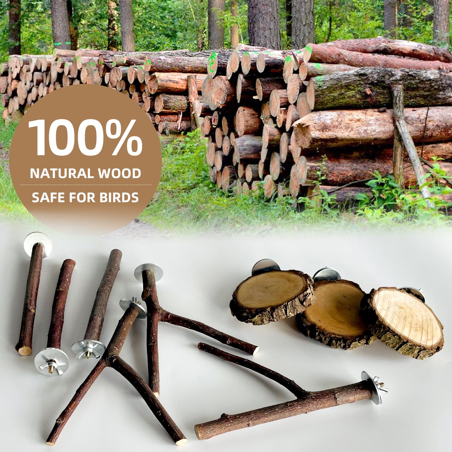 8-Piece Set Natural Wood Bird Perches - Wooden Parrot Stand with Fork Toys, Hanging Multi-Branch Platform, Hammock Swing - Suitable for Parakeets, Budgies - Durable Pet Bird Accessories - image 6