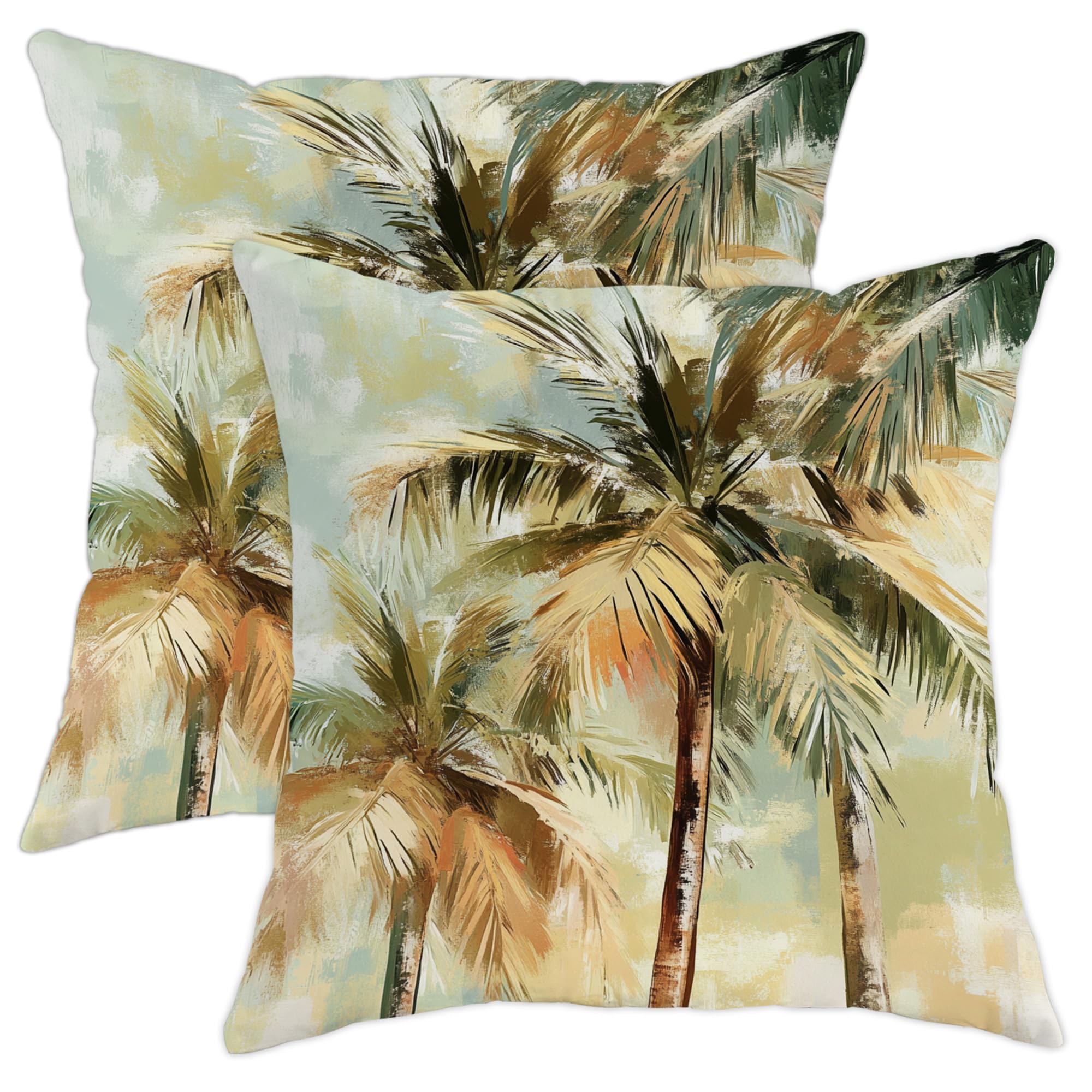Tropical Pillow Covers Set of 2, Beige Palm Tree Art Throw Pillows Case, Summer Decorative Square Coastal Decor Cushion Covers for Home Sofa Bed Couch 20x20 Inch