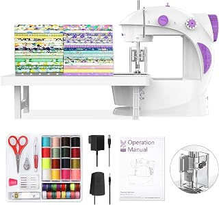 KPCB Tech Mini Sewing Machine for Beginners - Full Kit with Fabric Bundles, Finger Guard, Foot Pedal, Extension Table